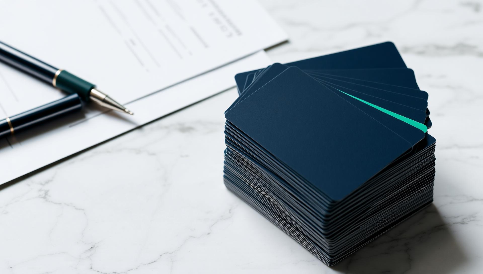 Stack of dark navy business credit cards on a marble desk representing 0% APR business credit stacking strategy